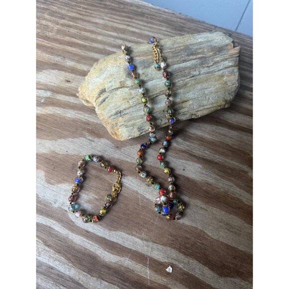 Murano Glass Multicolor Beaded Necklace Bracelet Set With Gold Accents - Picture 4 of 6